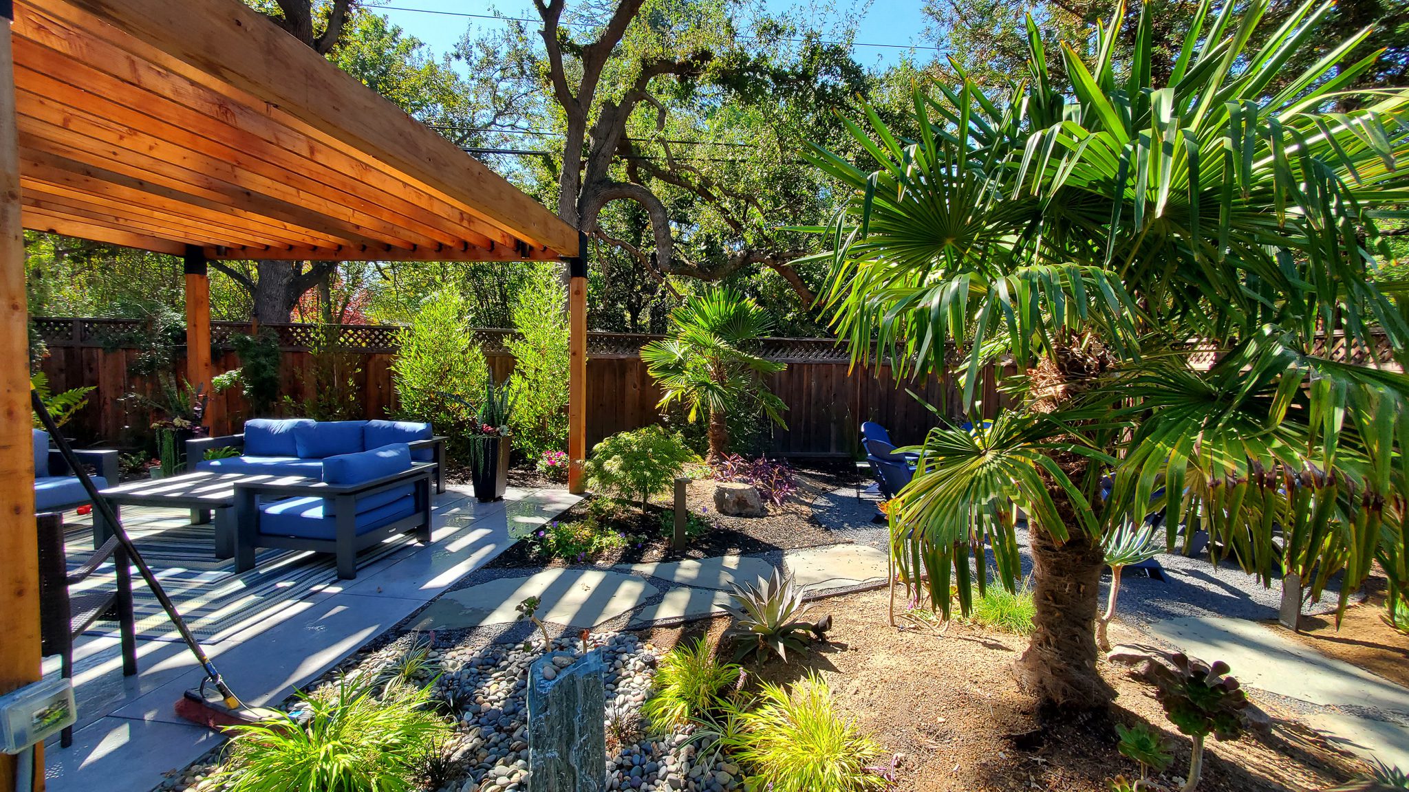 A backyard featuring a wooden pergola covering outdoor seating with blue cushions, surrounded by lush greenery including a palm tree, various plants, and a wooden fence in the background.